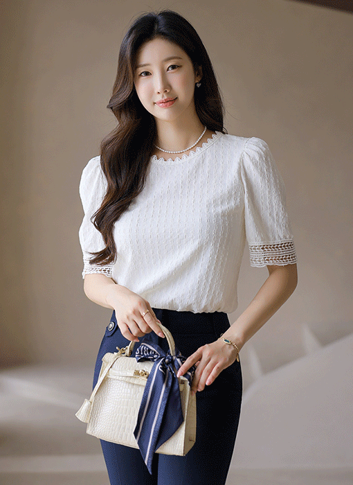  Textured Lace Accent Blouse Tee