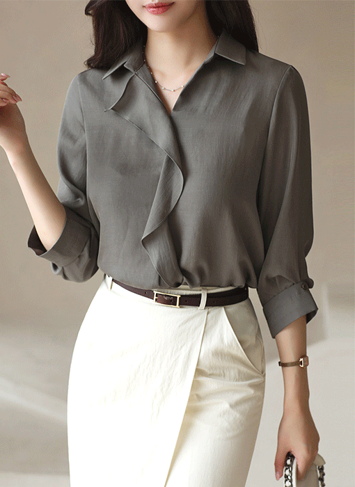 (4 Colors) Ruffle Trim V-Neck Collar Blouse