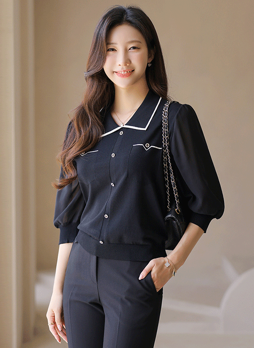 Contrast Collar Chiffon Sleeve Knit Blouse