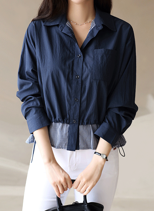 Layered Stripe Hem Drawstring Shirt