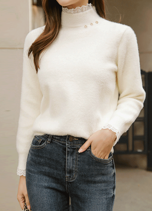 Lace Layered Mock Neck Pastel Color Knit Top