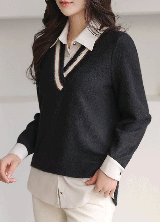 [Louis Angel] Striped Shirt Layered Look V-neck Top