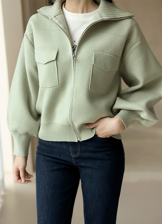 (6 Colors) Ribbed Zip High Neck Voluminous Sleeve Knit Cardigan