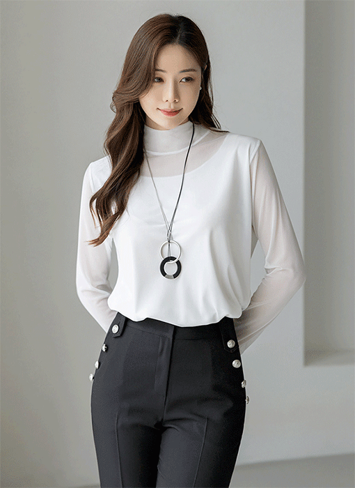 (4 Colors) Mesh Layered Sheer Trim Mock Neck Silky Top