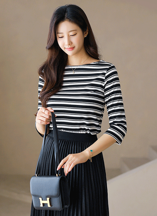 (4 Colors) Striped Boat Neck Ribbed Tee