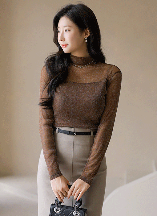 (5 Colors) Shimmer Sheer Mock Neck Top