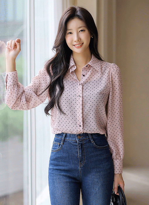 [LouisAngel] Sheer Polka Dot Bow Tie Blouse