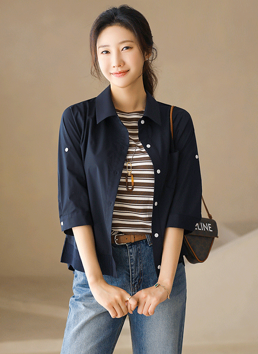 라인트 미니 자수 포인트 롤업 소매 디테일 2WAY 자켓 남방 셔츠