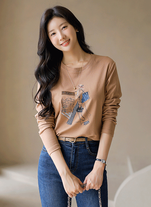 [LouisAngel] 레이벨 유니크 걸 콜라쥬 패턴 프린팅 라운드 티셔츠