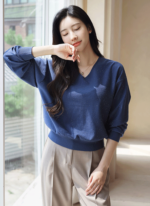 (5 Colors) Ribbed Edge V-Neck Relaxed Knit Top w/ Petite Sequins