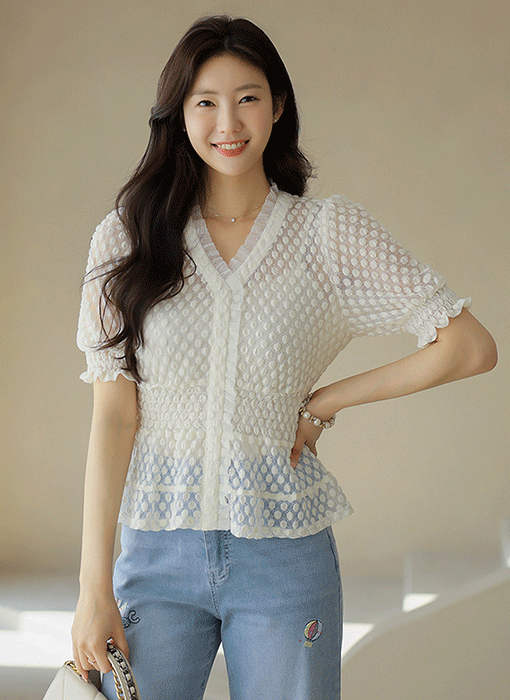 [LouisAngel] Whisper Dot Smocked Blouse