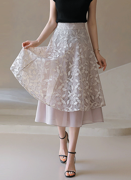[LouisAngel] Moonlit Leaf Lace Layered Flare Skirt