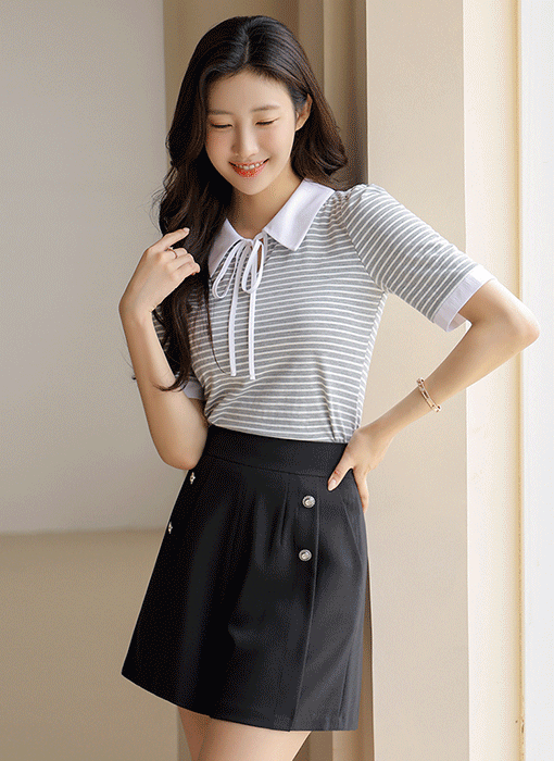 [LouisAngel] Contrast Ribbon Collar Stripe Top