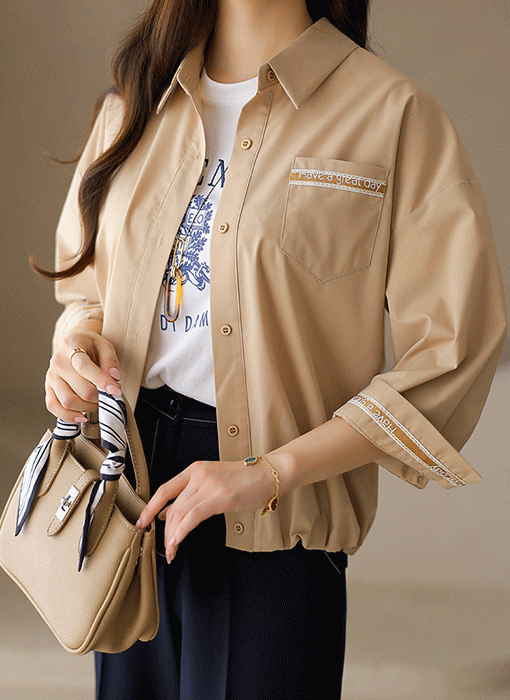 Casual Lettering Tape Banded Hem Shirt