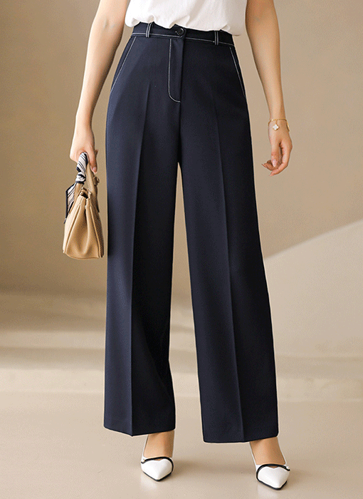 High-Rise Contrast Stitch Wide Slacks
