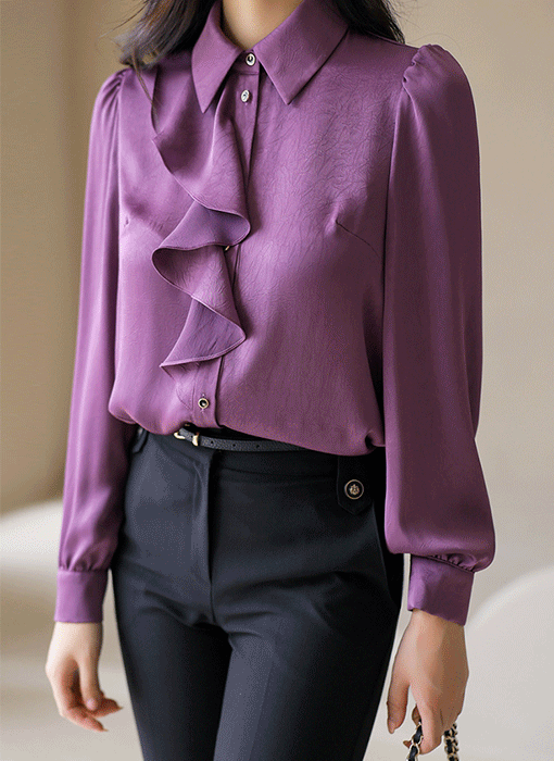 [LouisAngel] Elegant Purple Satin Ruffle Blouse