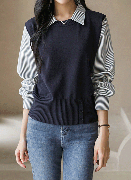 [The Onme] Layered Knit Vest and Stripe Shirt Top