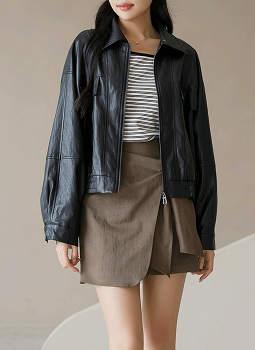 [The Onme] Casual Faux Leather Zip Jacket