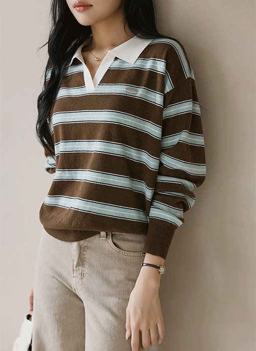 [The Onme] (4 Colors) Striped V-Collar Loose Knit Top