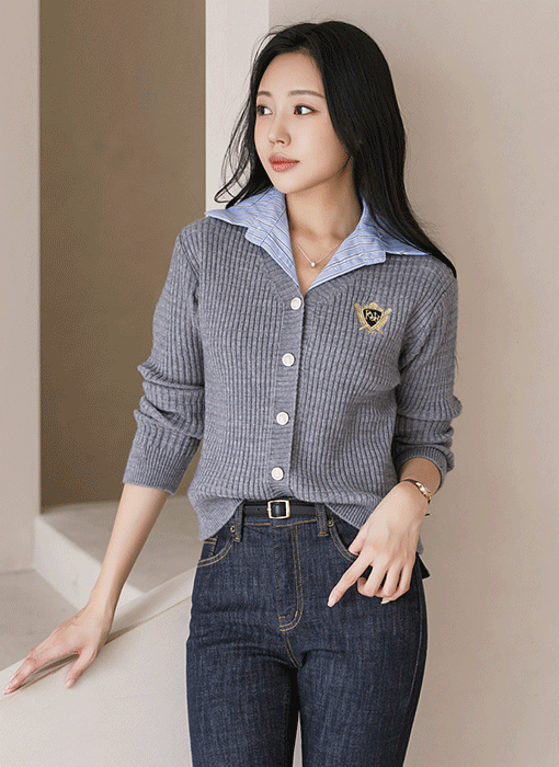 [The Onme] Preppy Layered Collar Ribbed Cardigan