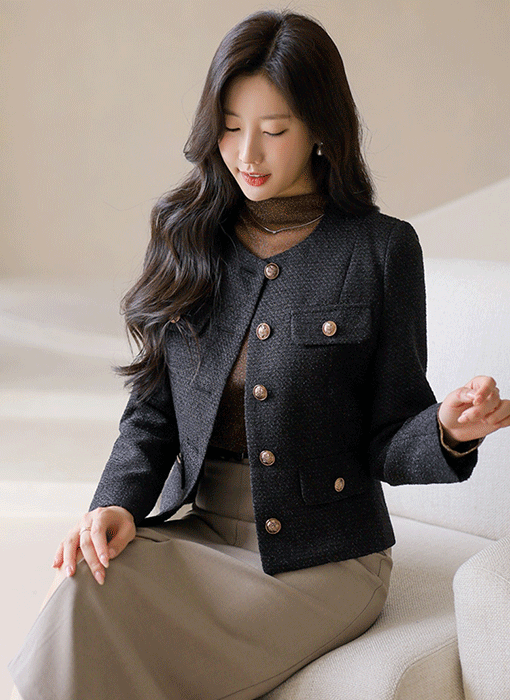 [LouisAngel] Elegant Collarless Metallic Tweed Jacket