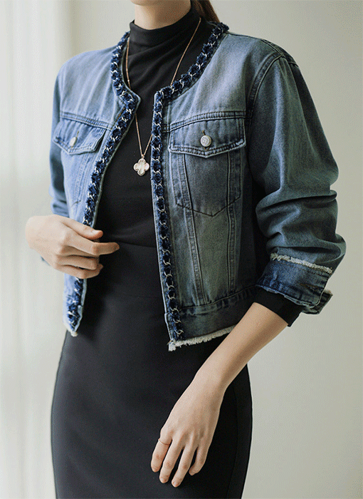 Edgy Chain-Trim Cropped Denim Jacket