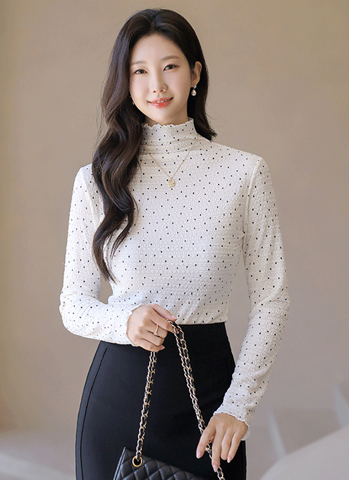 덴덴 사랑스러운 도트 물결 쟈가드 레이스 반하이넥 티셔츠