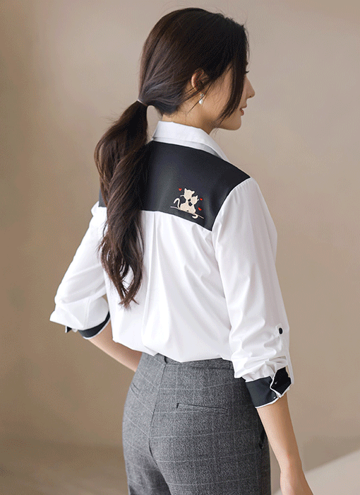 팬시 고양이 하트 자수 머플러 배색 롤업 카라 셔츠