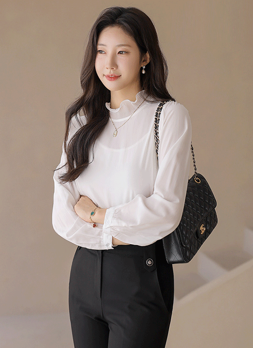 Pleated Frill Neck Sheer Blouse