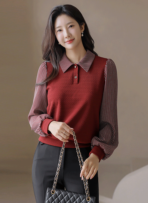 [LouisAngel] Striped Collar Contrast Blouse Tee