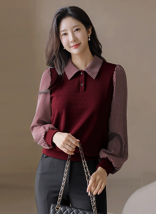 [LouisAngel] Striped Collar Contrast Blouse Tee