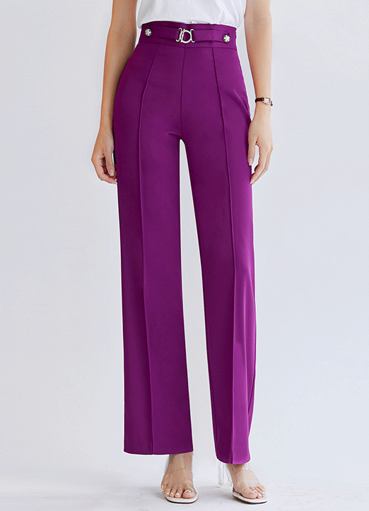 High Waist Silver Buckle Front Semi Wide Slacks