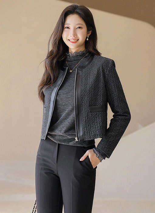 Jacquard Eco-Leather Trim Zip Jacket