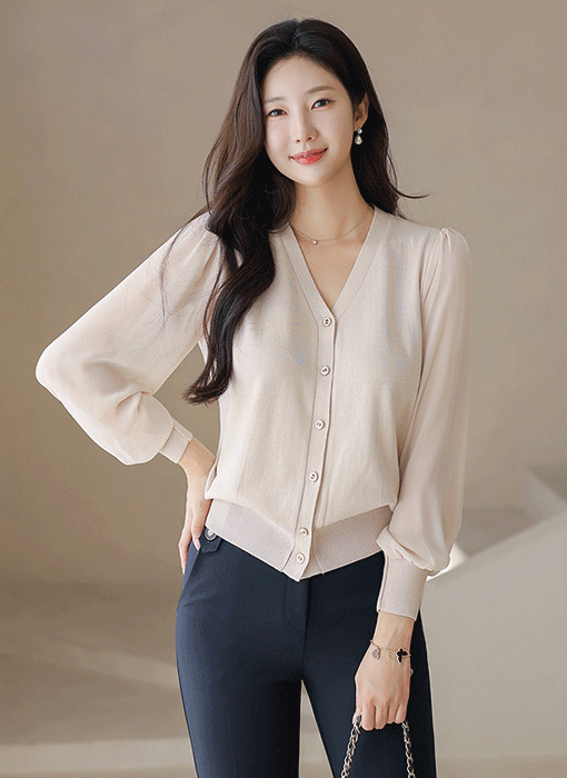 Sheer Sleeve Feminine Knit Cardigan