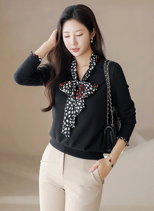 [LouisAngel] Elegant Dot Scarf Neck Rib Top
