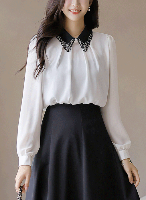 Embellished Lace Collar Shirring Blouse