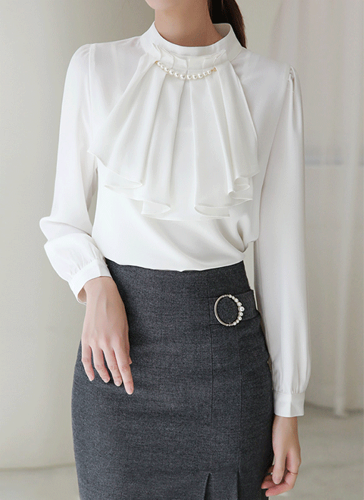 Pearl Accent Pleated Ruffle Blouse