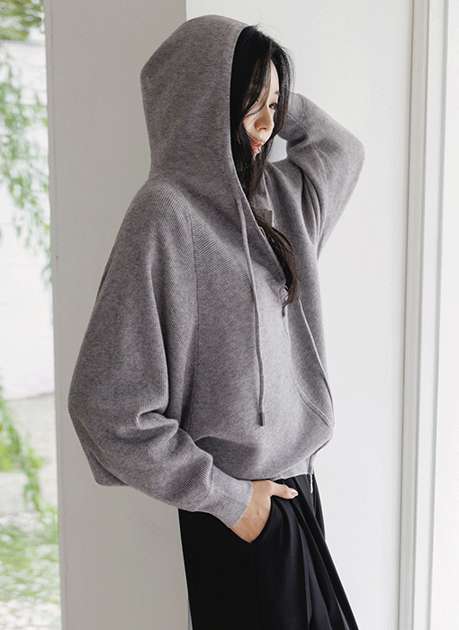 [The Onme] Ribbed Knit Hooded Zip-Up Cardigan