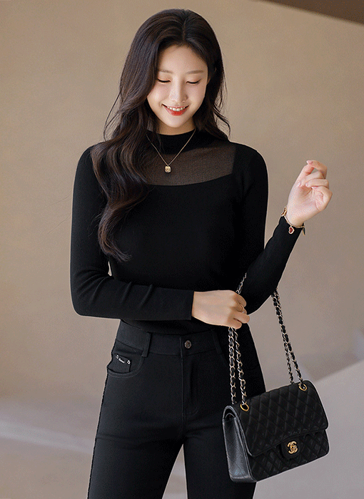 (4 Colors) Mock Neck Sheer Accent Knit Top
