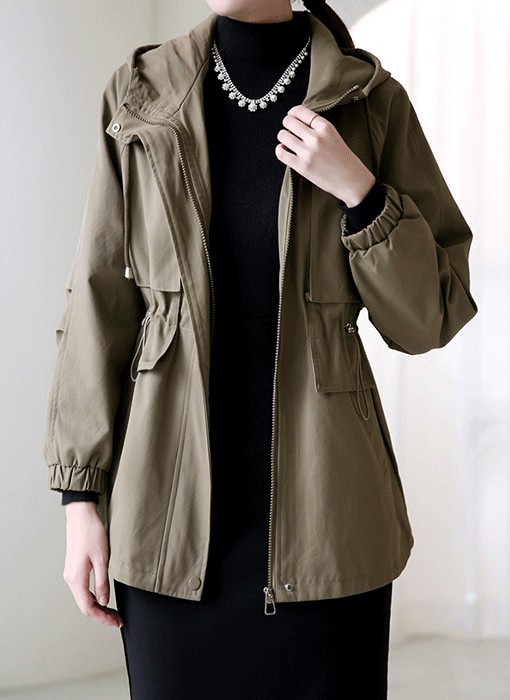 Drawstring Waist Hooded Utility Parka Jacket