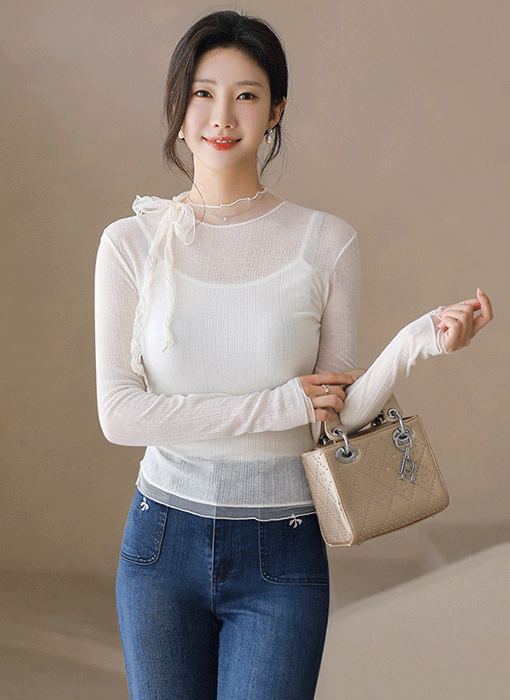 (4 Colors) Romantic Lace detail Slim Ribbed Top