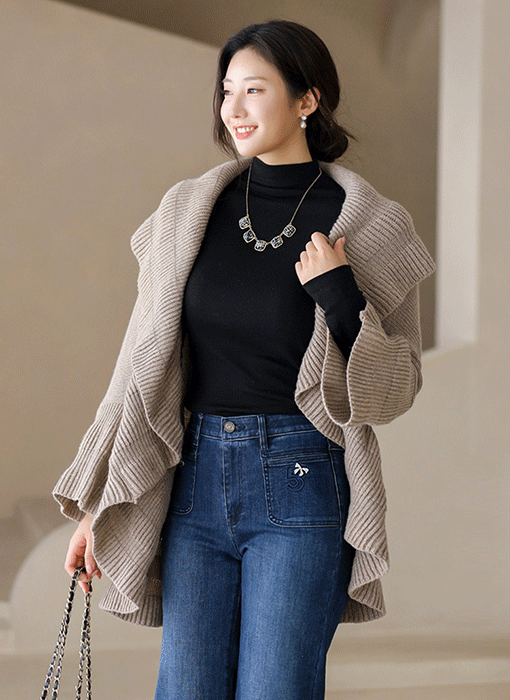 (5 Colors) Draped Ruffle Knit Shawl Cardigan