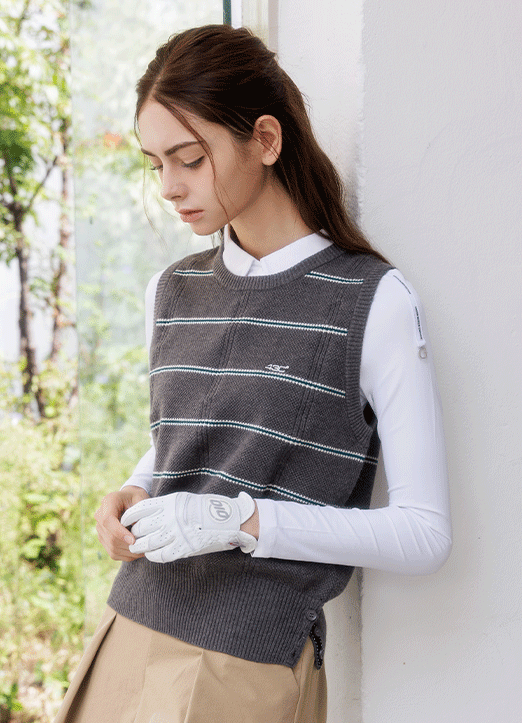 [QoG] Side Button Striped Knit Vest