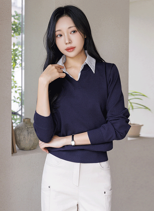 [The Onme] Striped Collar Layered V-Neck Knit Top