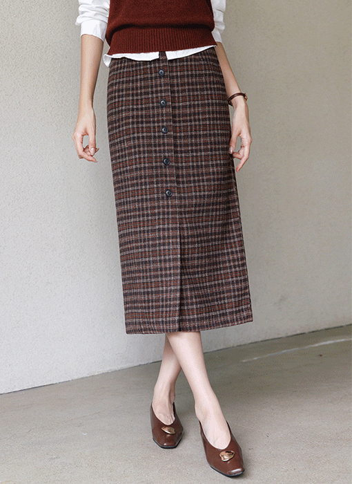 [The Onme] Classic Plaid Wool Blend Midi Skirt