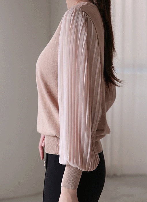(6 Colors) Pleated Chiffon Sleeve Knit Blouse