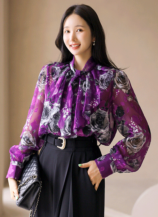 Elegant Ruffle Sheer Floral Chiffon Blouse