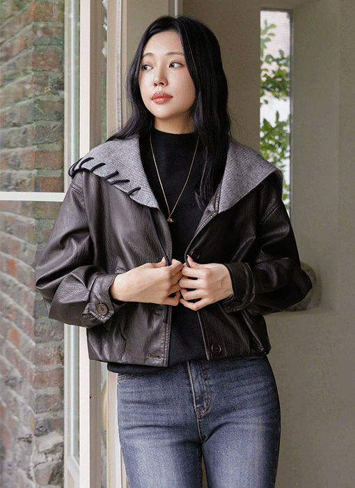 [The Onme] Knit Sailor Collar Faux Leather Jacket