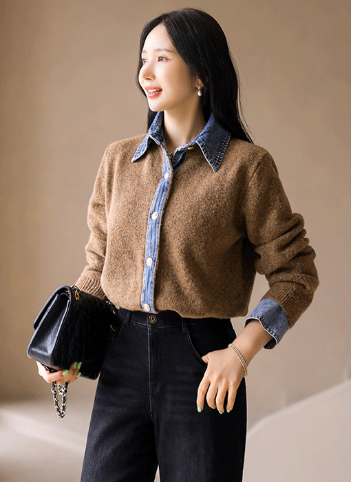Denim Layered Knit Cardigan