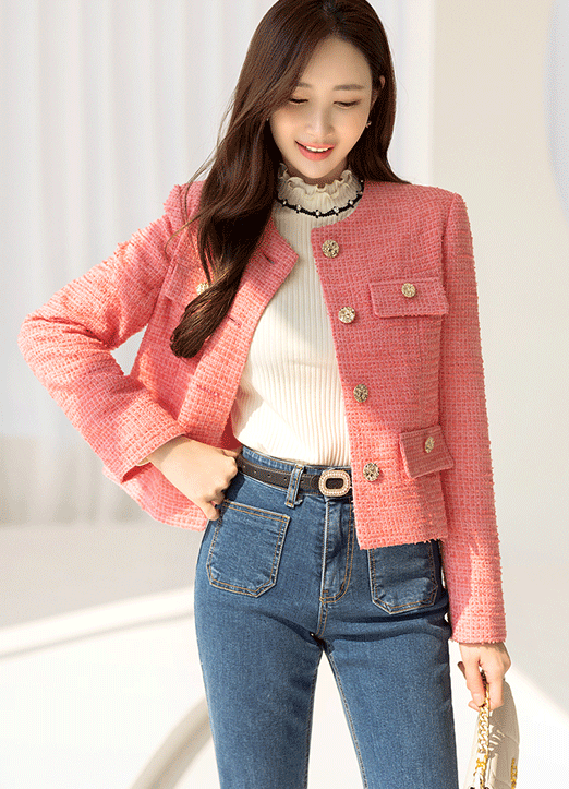 [Louis Angel] Gold Button Collarless Tweed Jacket